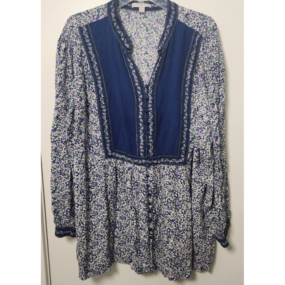 Woman Within Blue Floral Ruffle V-Neck Long Sleeve Button Front Tunic Blouse 2X